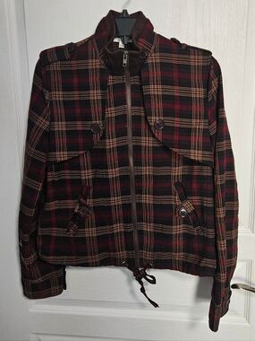 Dani Plaid Jacket Retro Red Black Brown Cropped Zip Up Lightweight Women's Large